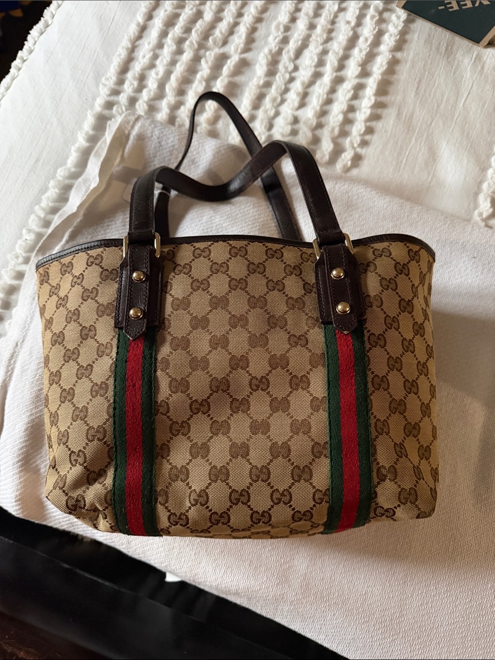 Gucci Beige GG Canvas Tote with Green-Red Stripe